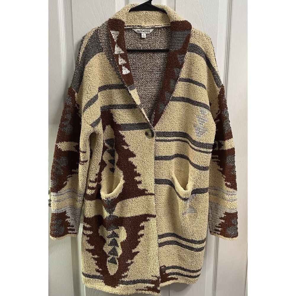 Davi & Dani Women Long Cardigan Cream Aztec Fuzzy Sweater Boho Native Sz. S M L